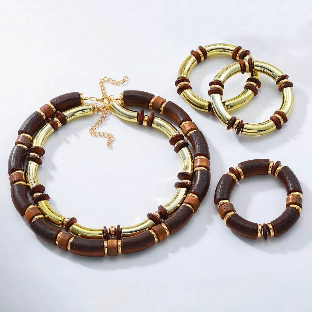 Women's multi-layer wooden necklace and bracelet set in alloy with European exaggerated style