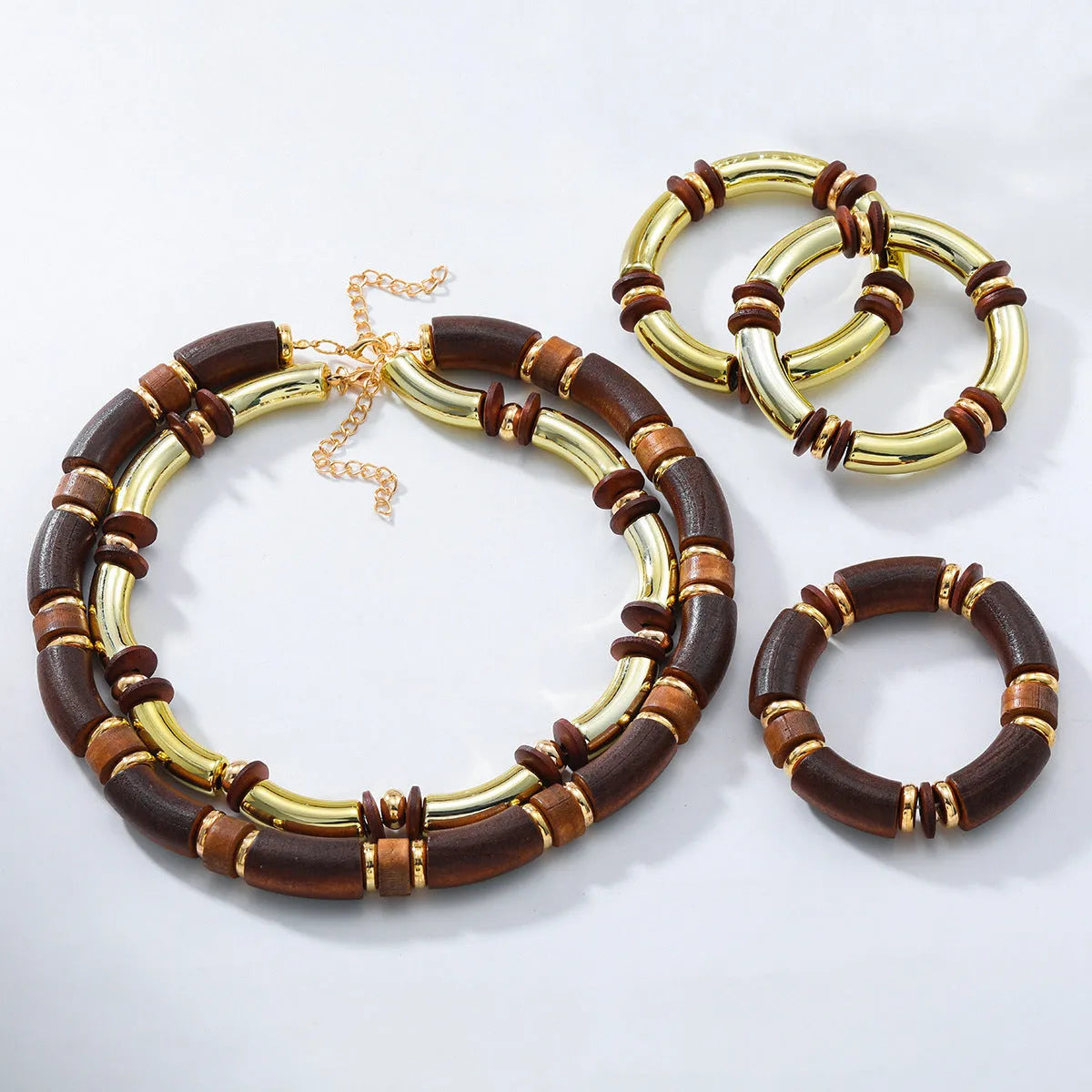 Women's multi-layer wooden necklace and bracelet set in alloy with European exaggerated style