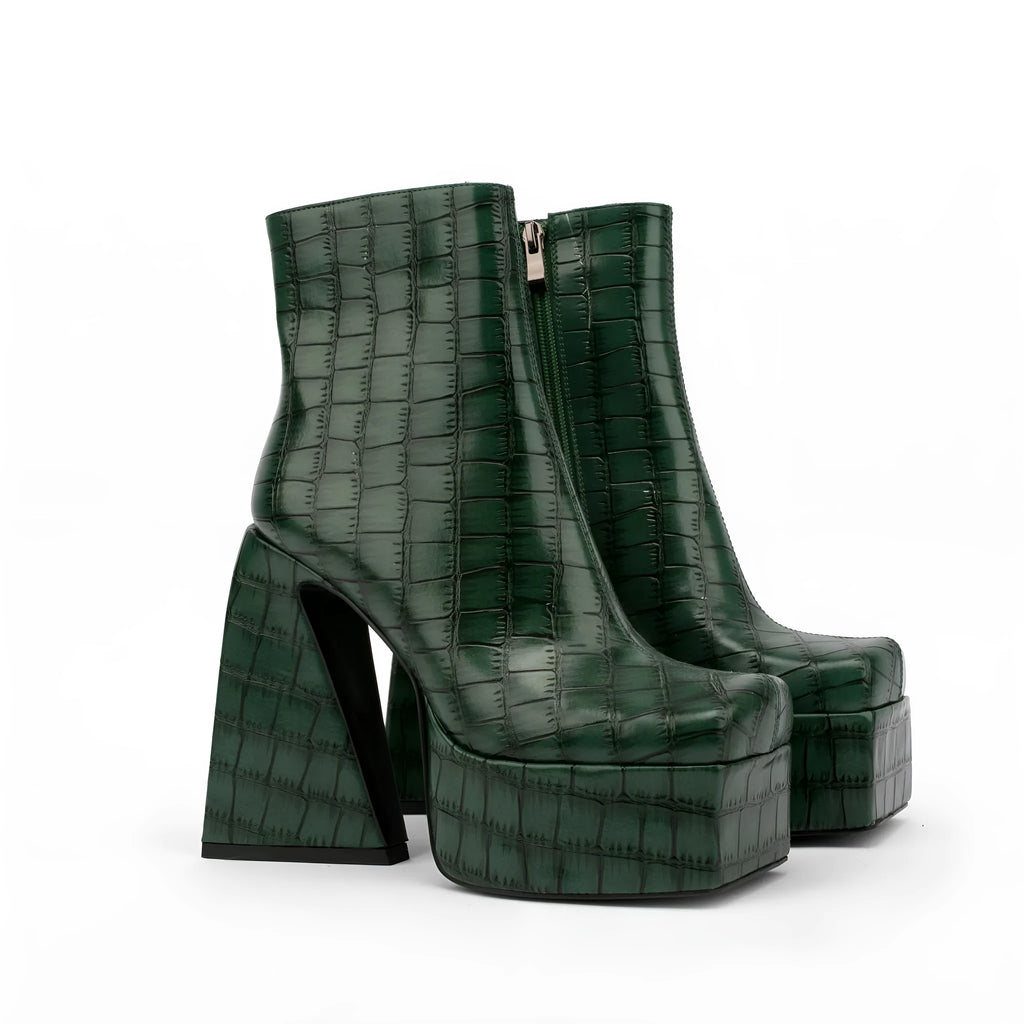 Women's ankle boot with a high heel in a solid colour, shown in a choice of red, green, black, beige, or brown.