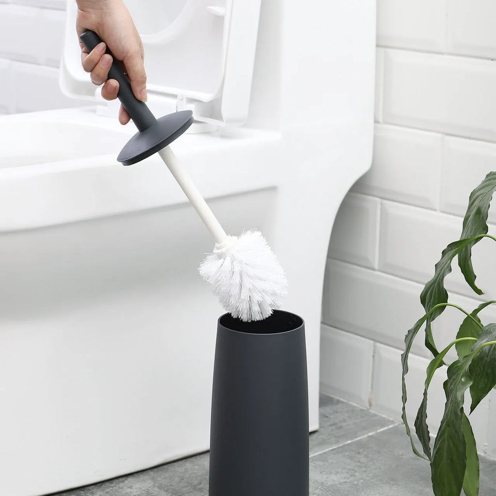 Simple toilet brush set with soft fur long handle and splash-proof holder in white