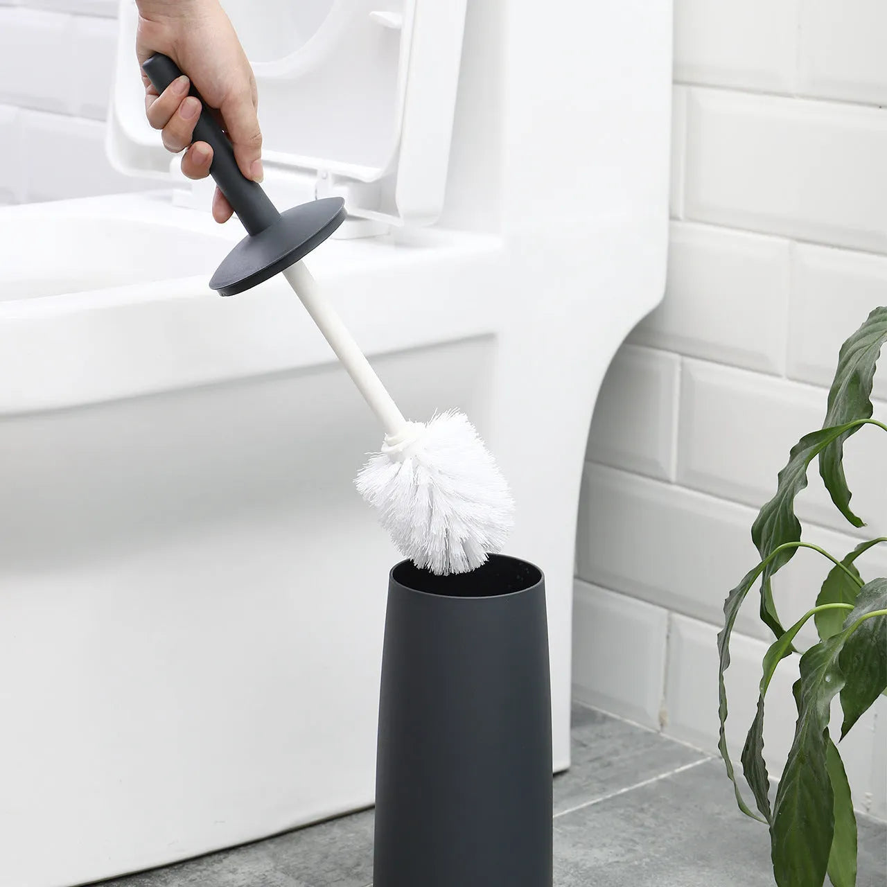 Simple toilet brush set with soft fur long handle and splash-proof holder in white