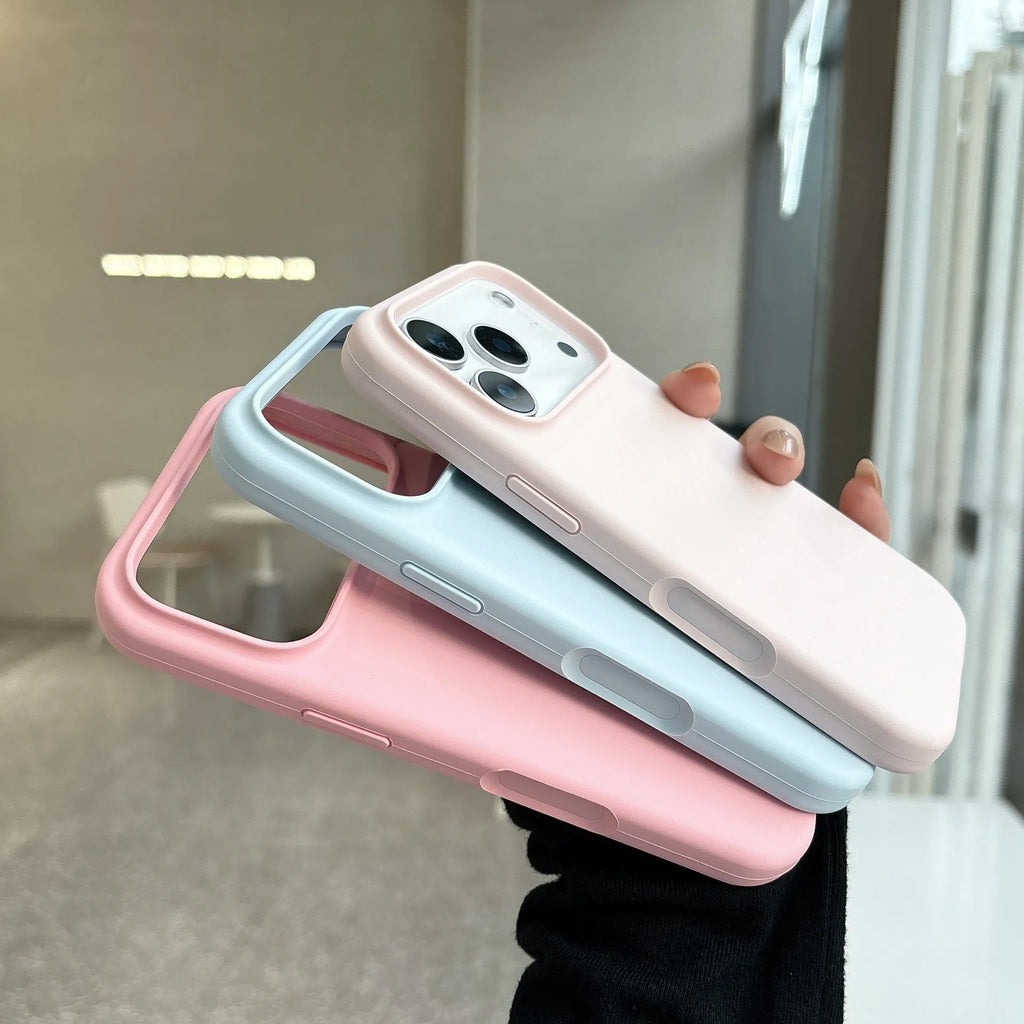 Magnetic liquid silicone phone case for iPhone showing multiple colour options including antique white and desert colour.