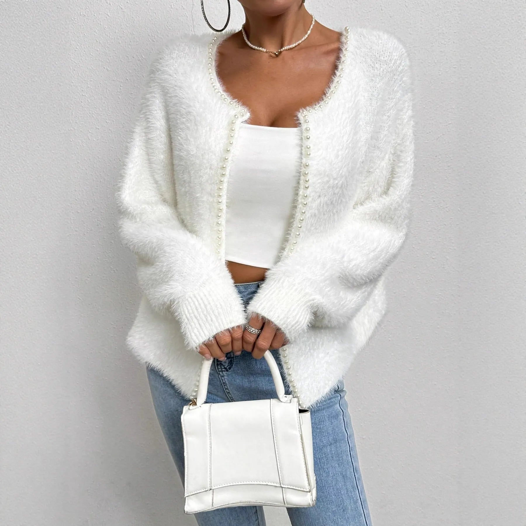 White women's V-neck cardigan with solid colour and medium thickness