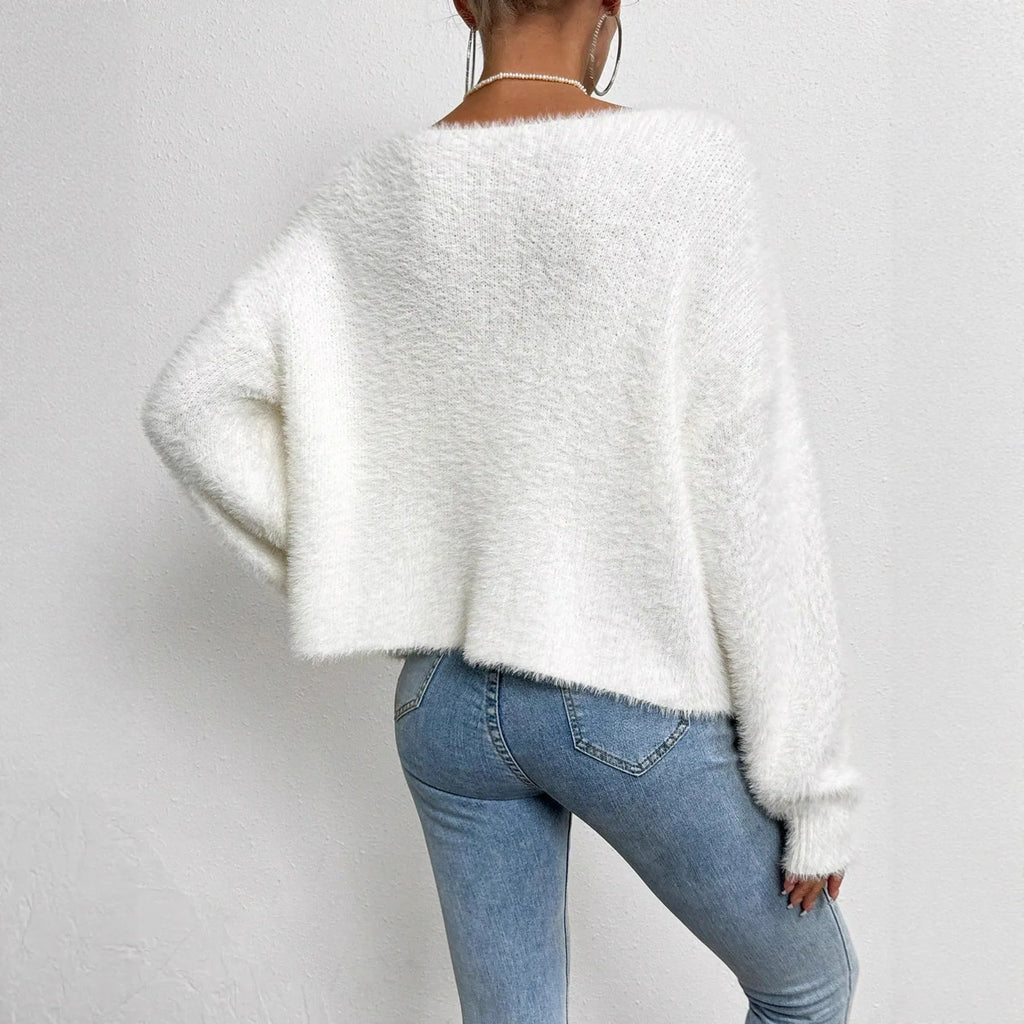 White women's V-neck cardigan with solid colour and medium thickness