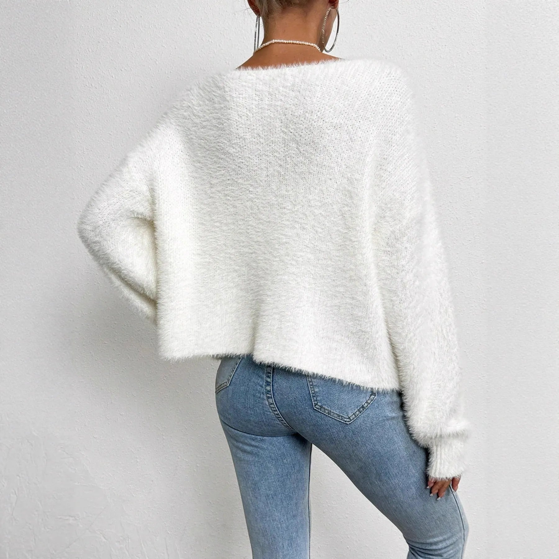 White women's V-neck cardigan with solid colour and medium thickness