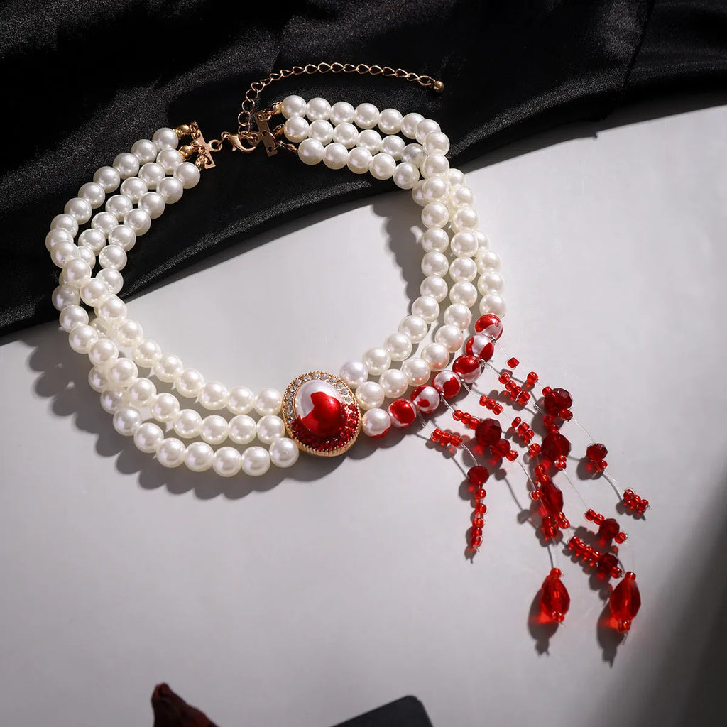 Halloween jewellery set with pearl collar necklace, bracelet and stud earrings in gold electroplated gothic retro style