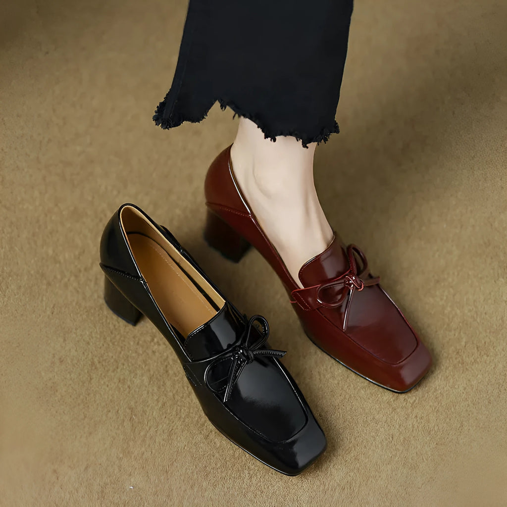 Retro square toe chunky heel leather shoes for women, black colour, PU upper, rubber sole, low heel on wooden floor