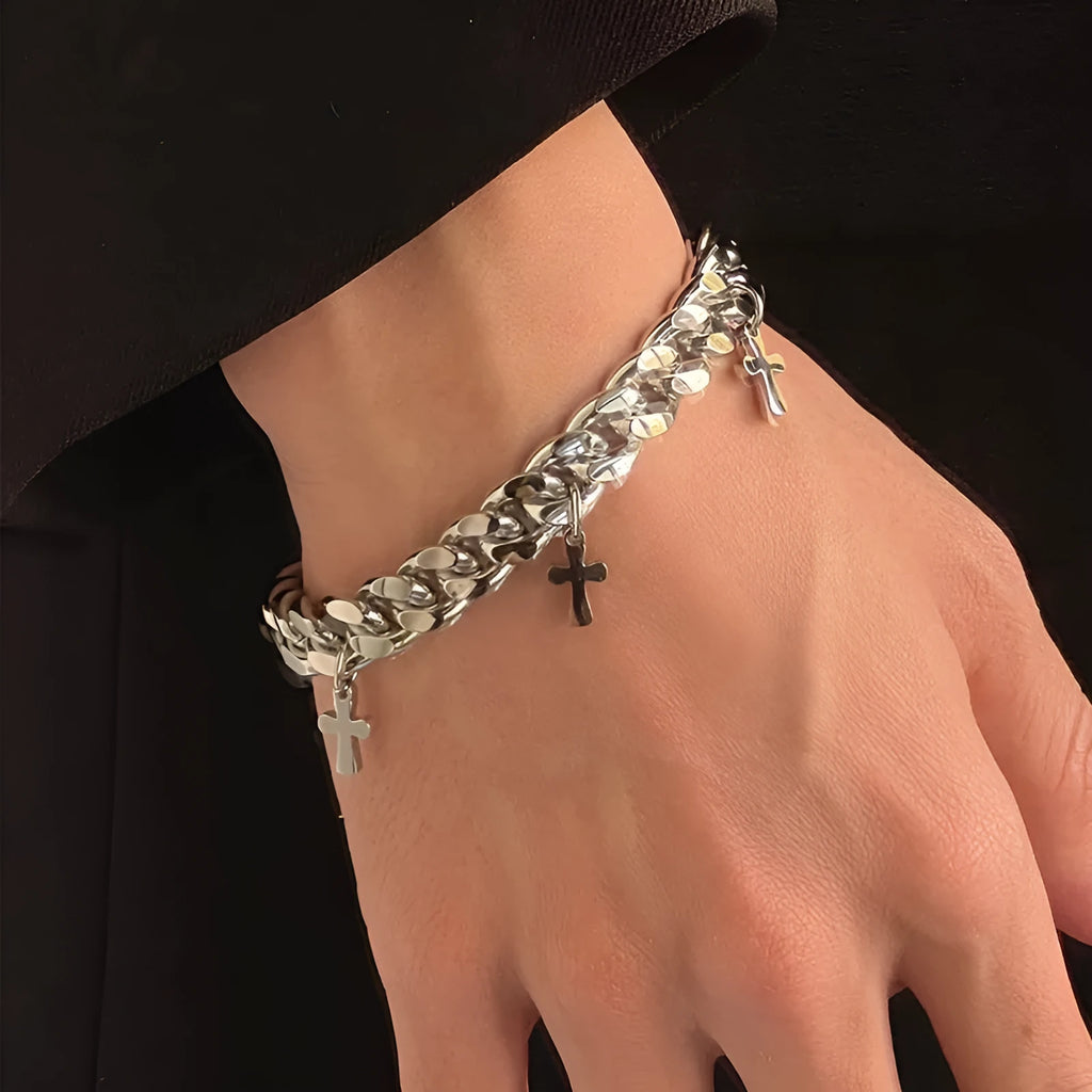 Men's geometric cross bracelet in titanium steel with minimalist design