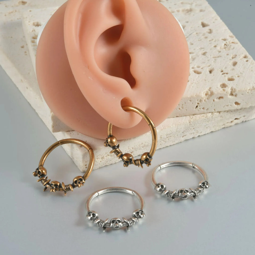 Copper punk earrings with ghost head design in antique silver or gold finish
