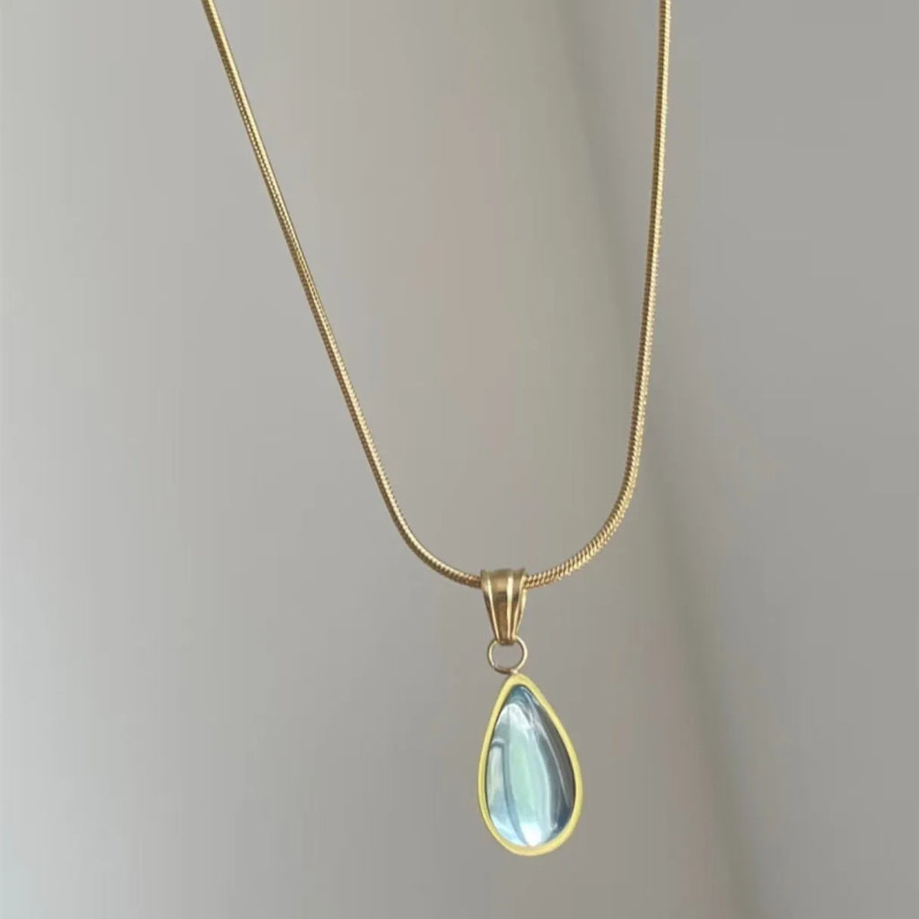 Titanium steel water drop necklace with mixed gem inlays on snake bones chain