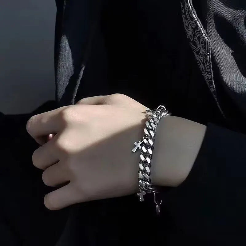 Men's geometric cross bracelet in titanium steel with minimalist design