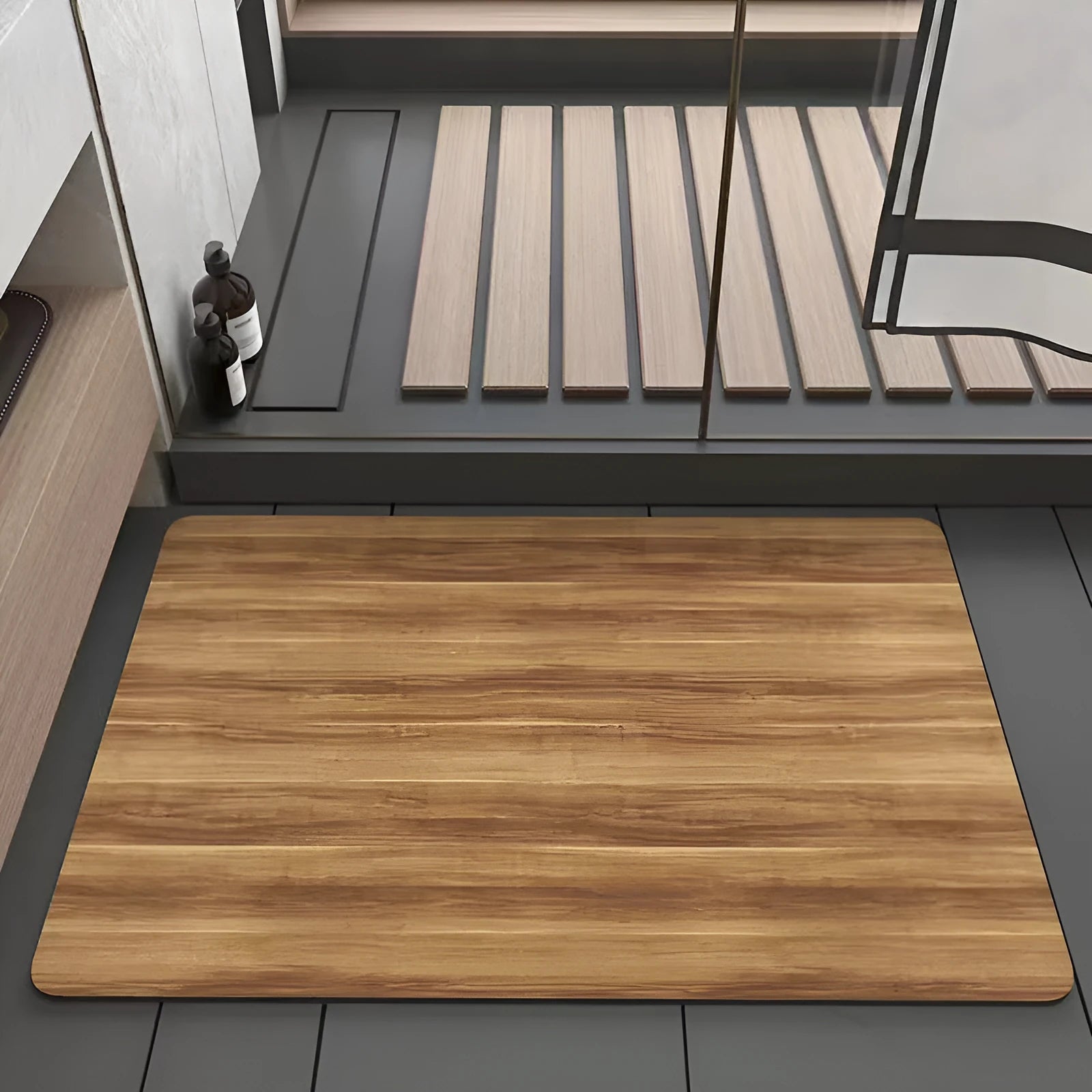 Square diatomaceous earth bathroom floor mat with a geometric American wood grain pattern in a natural wood tone.