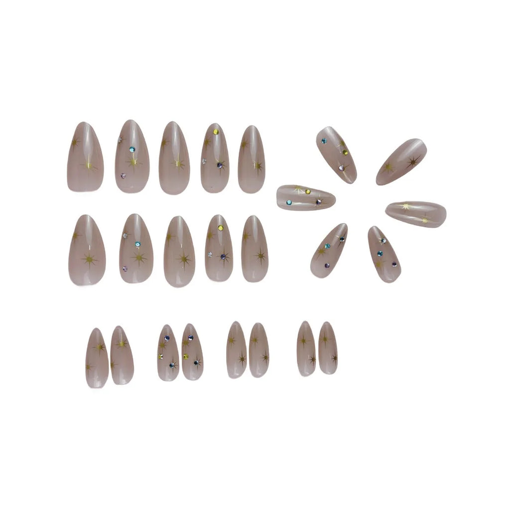 Drop shape starry sky press-on nails BW92 with jelly glue and nail file, 24 pieces