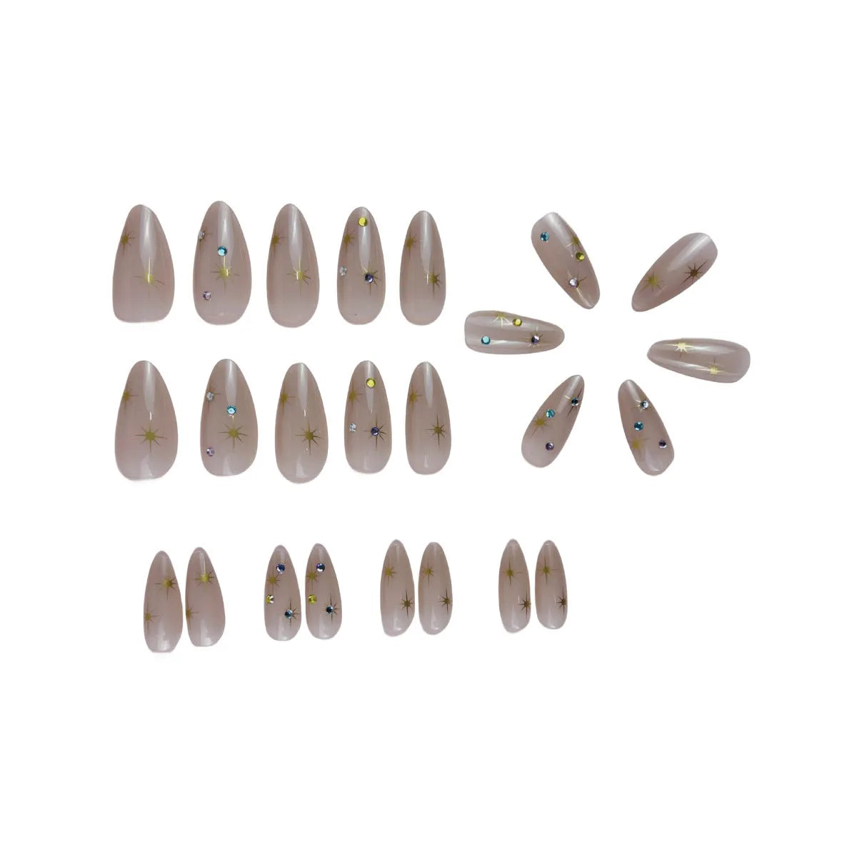 Drop shape starry sky press-on nails BW92 with jelly glue and nail file, 24 pieces