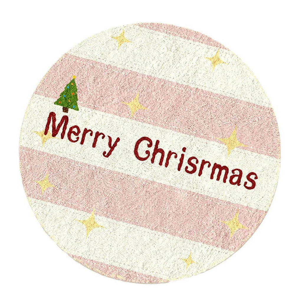 Christmas round carpet with alien shape in imitation cashmere, showing gingerbread man and holiday colour patterns