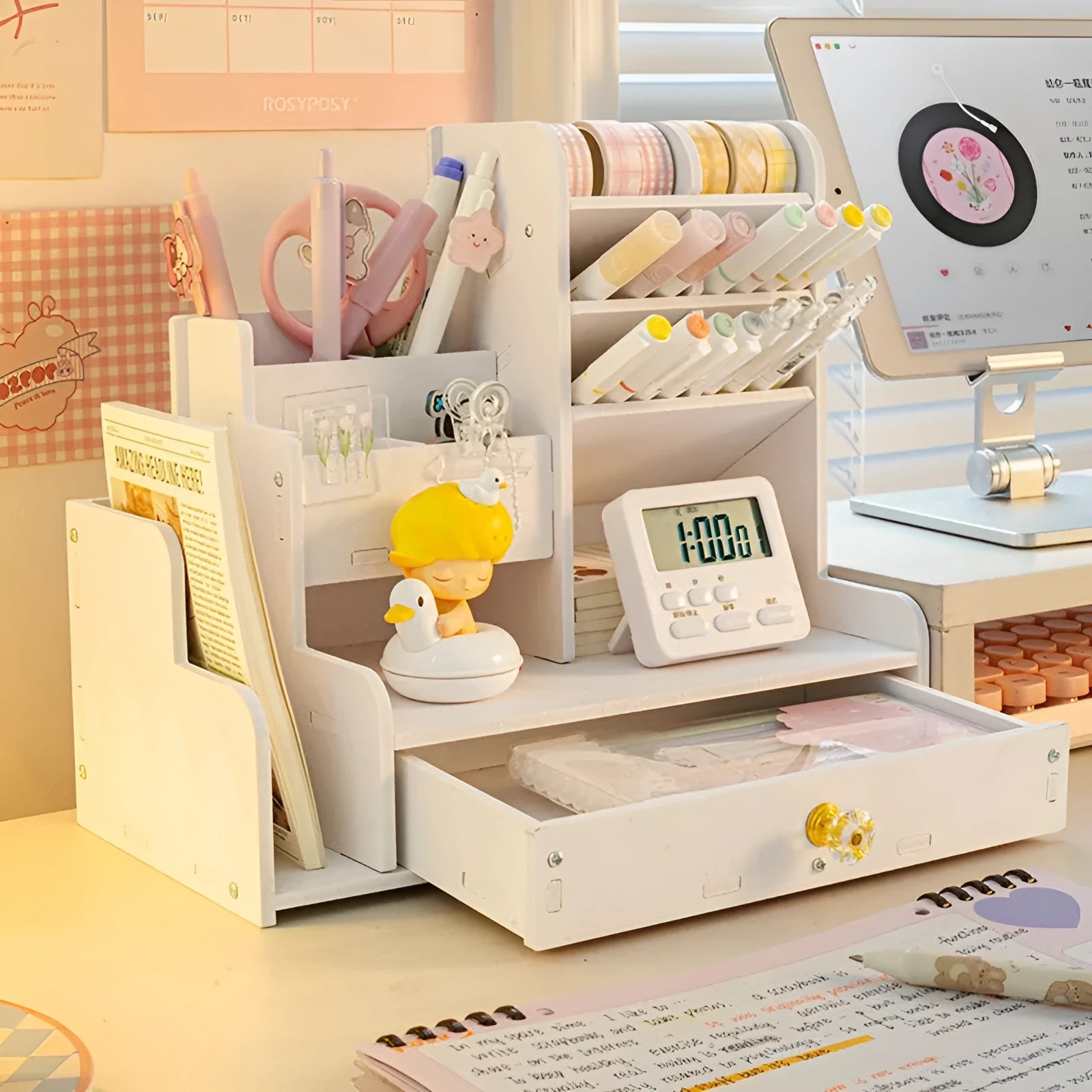 Plastic square pen holder storage box with multiple grid compartments for stationery organisation