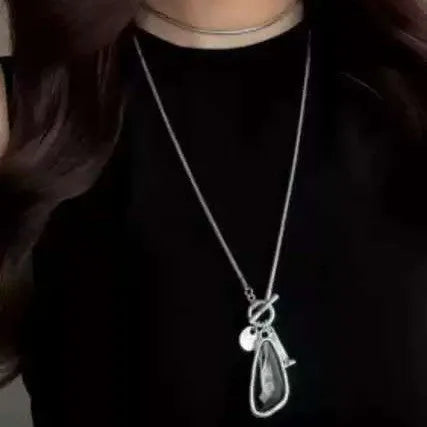 Women's long geometric plaid pendant necklace on snake bones chain in alloy with water drop colour options.