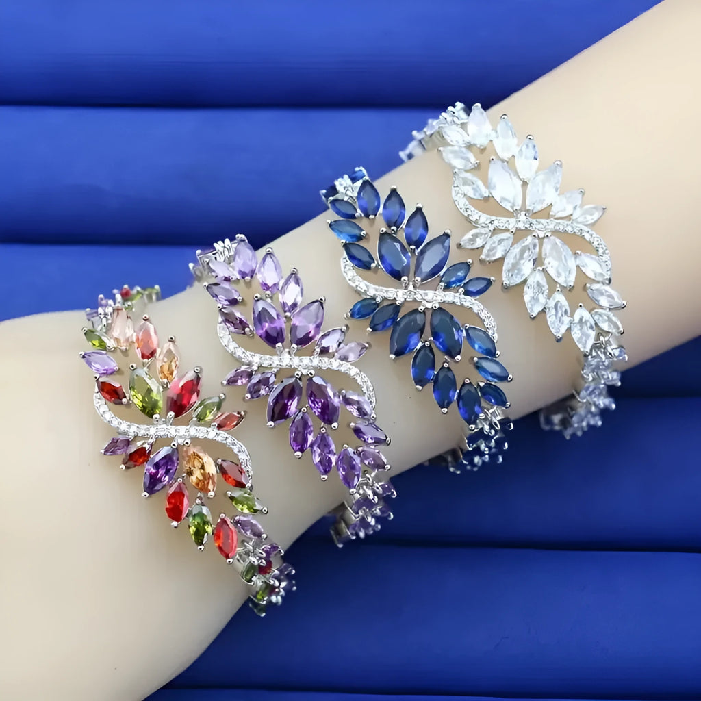 Gold electroplated copper bracelet with ice flower pattern and colourful zircon stones
