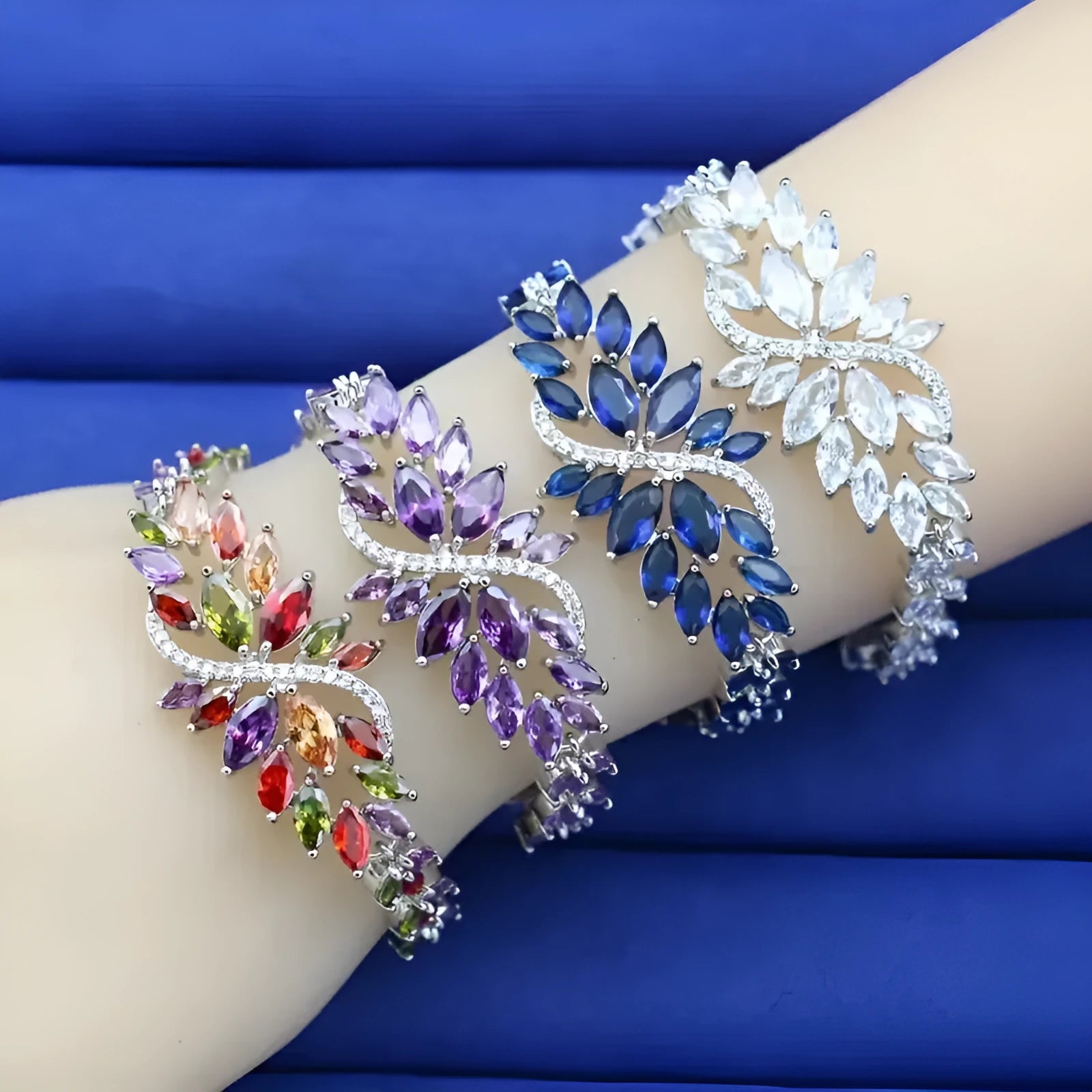 Gold electroplated copper bracelet with ice flower pattern and colourful zircon stones