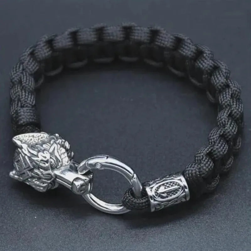 Handmade stainless steel wolf head bracelet with Luen characters and camouflage colour finish