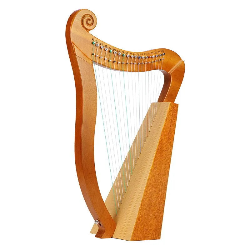 19-string 16-tone wood harp in log finish with lyre-style body for beginner musicians