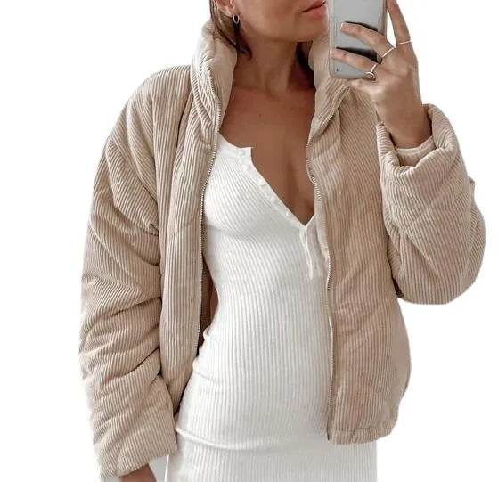 Women's apricot corduroy jacket with stand collar and zip front