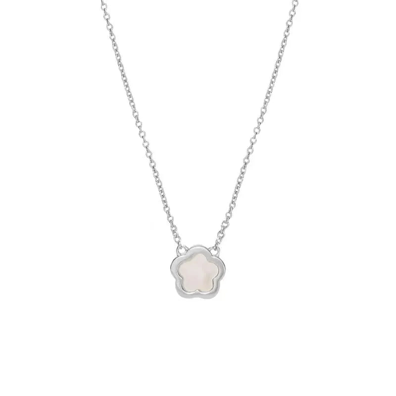 White Mother Pearl shell flower necklace on a gold or silver O-chain for women.