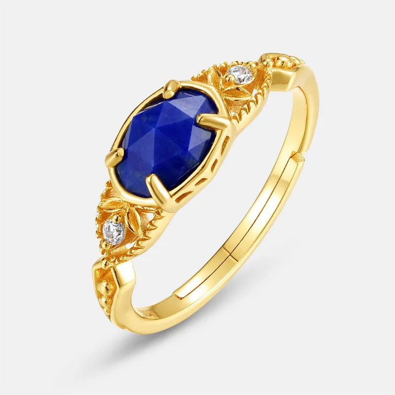 Japanese style geometric silver alloy ring with a blue lapis lazuli stone for women.