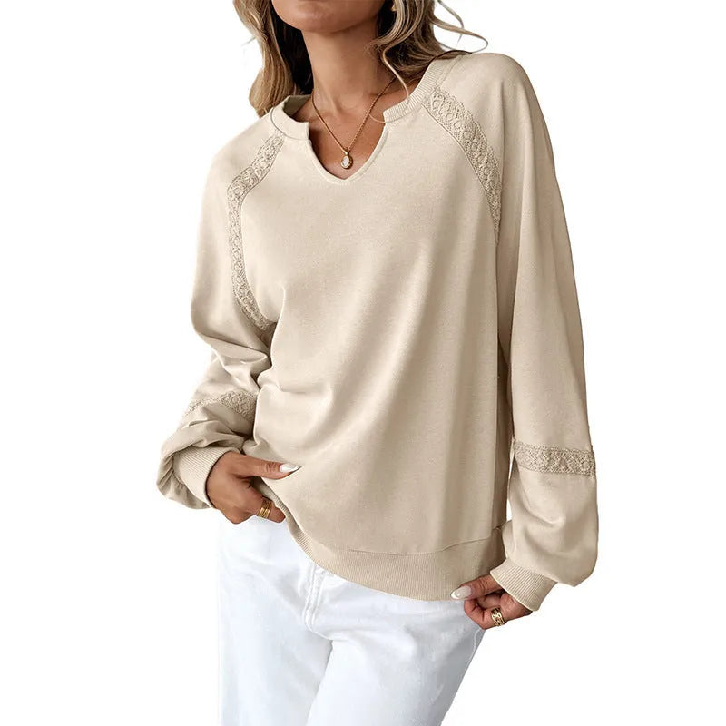 Women's half-open collar lace detail long sleeve sweater in apricot colour on size chart