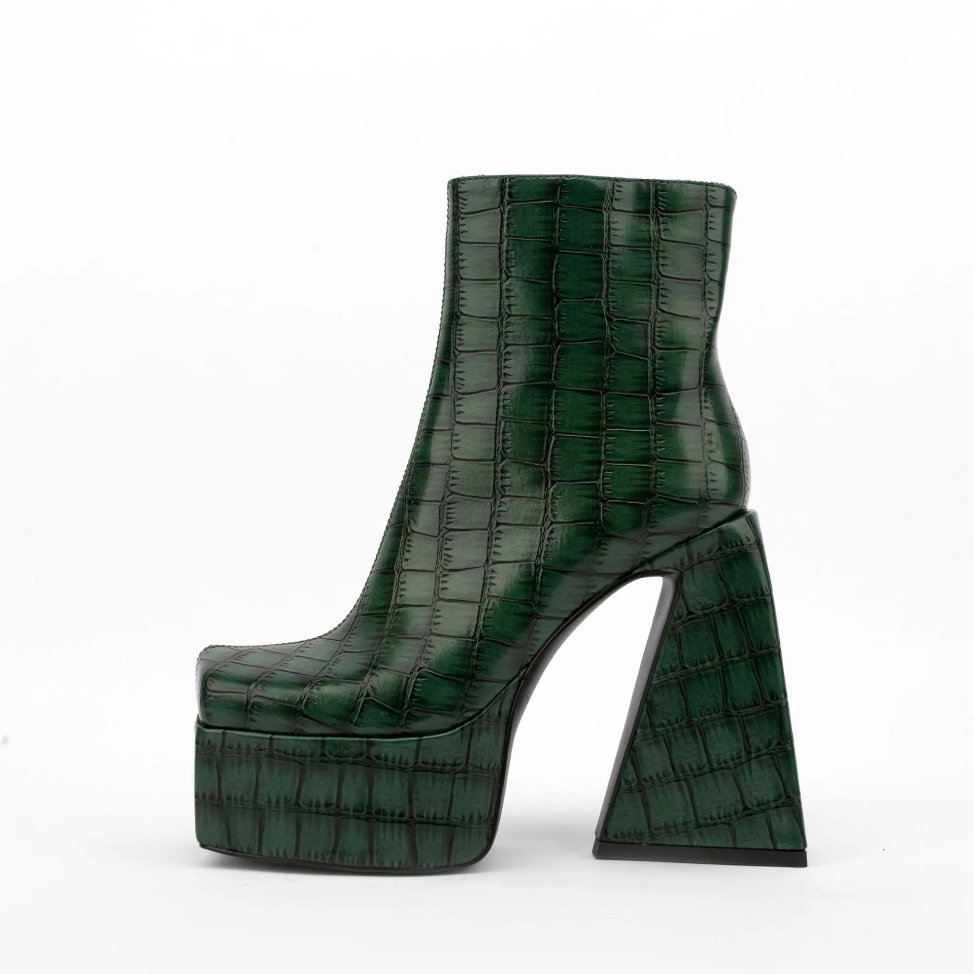 Women's ankle boot with a high heel in a solid colour, shown in a choice of red, green, black, beige, or brown.