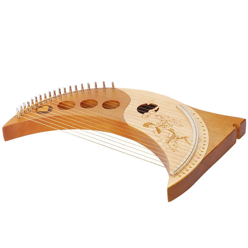 19-string 16-tone wood harp in log finish with lyre-style body for beginner musicians
