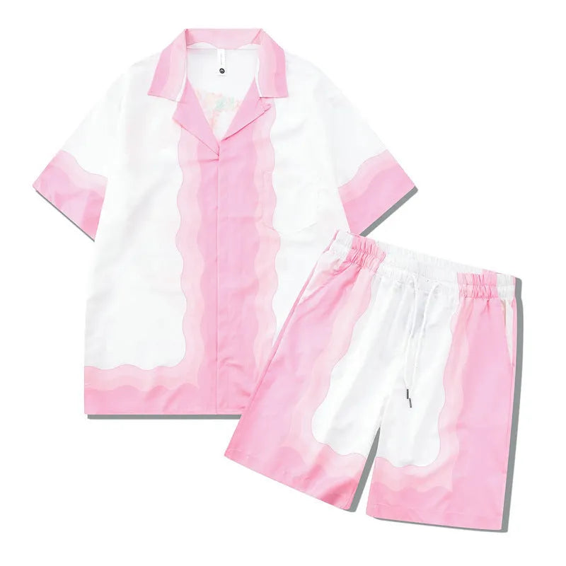 Men's plaid short sleeve beach outfit with matching trousers in European American style