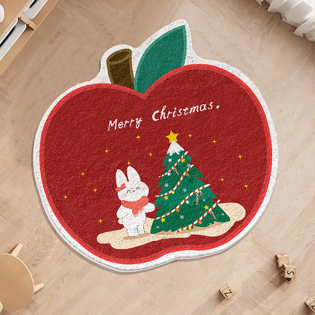 Christmas round carpet with alien shape in imitation cashmere, showing gingerbread man and holiday colour patterns