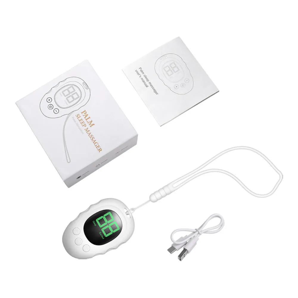White silicone sleep aid hand grip with a sleep monitor and charging cable
