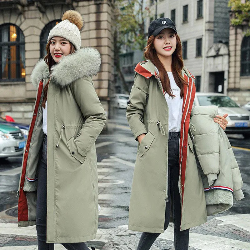 Women's long two-way cotton-padded fleece trench coat in bean green colour