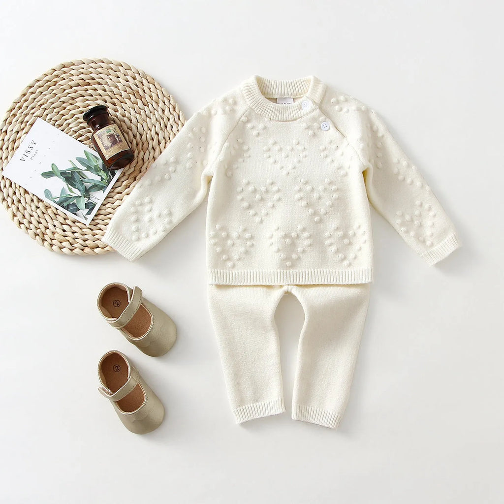 Girls' knitted cotton sweater and pants set in pink or white, sizes 66cm to 100cm, long sleeve pullover outfit