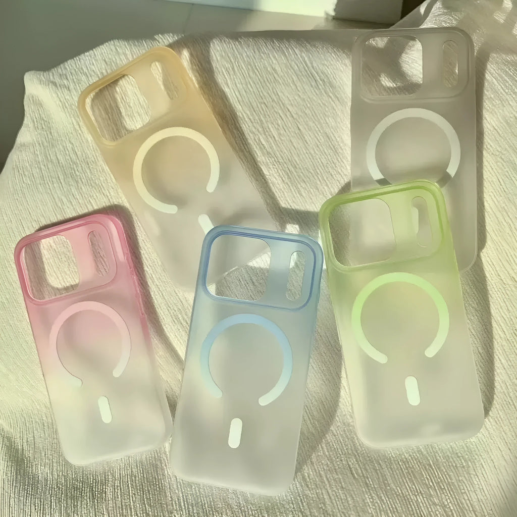 Frosted gradient colour magnetic suction iPhone case shown on a phone, displaying ultra-thin profile.