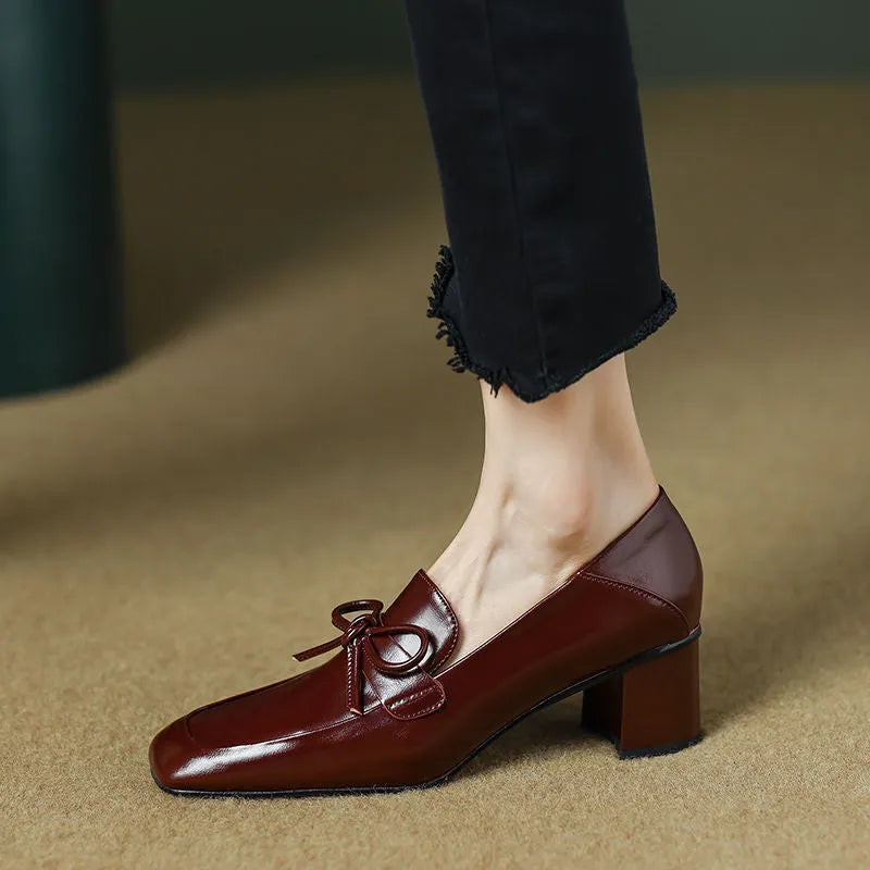 Retro square toe chunky heel leather shoes for women, black colour, PU upper, rubber sole, low heel on wooden floor