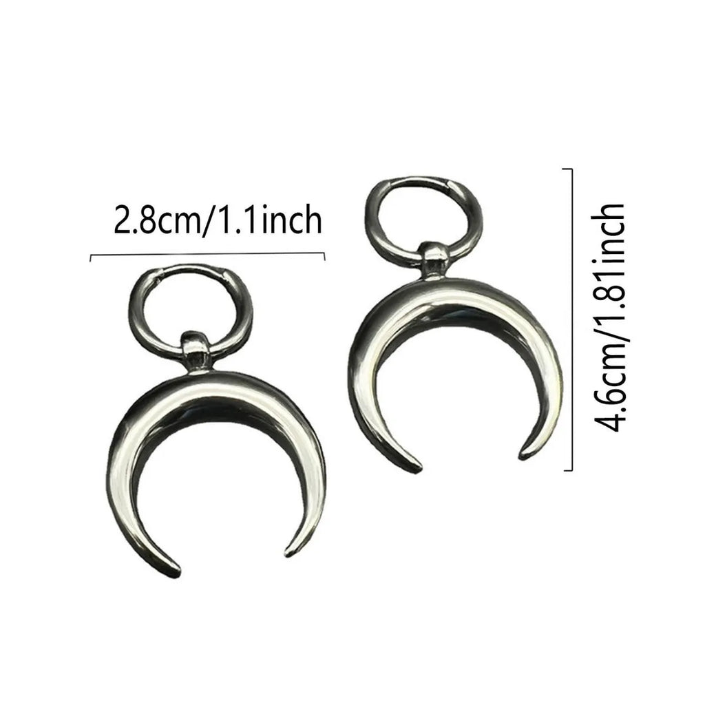 Silver geometric moon hoop earrings with punk gothic style and ear clip fastening