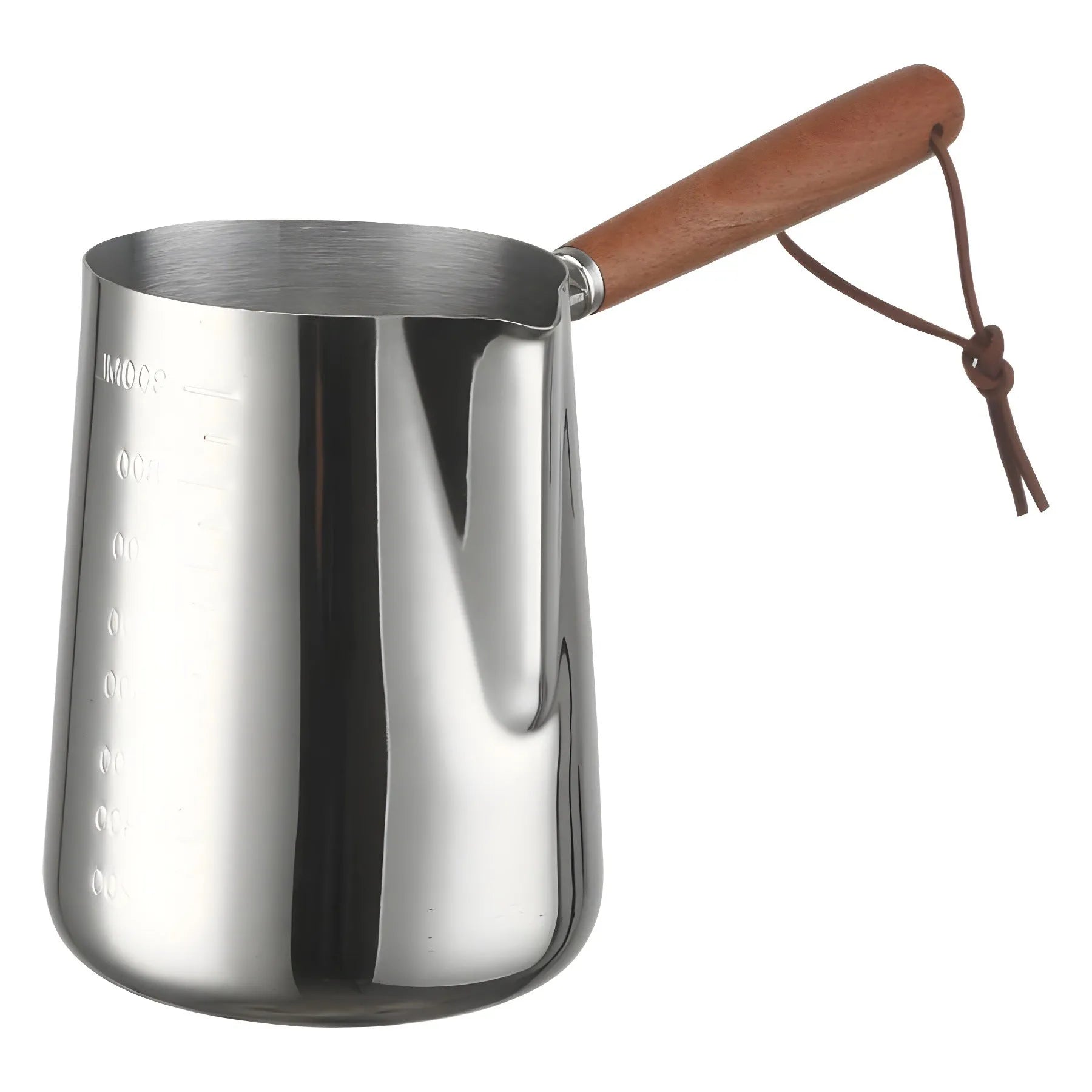 Stainless steel garland coffee cup with wooden handle and interior measurement scale.