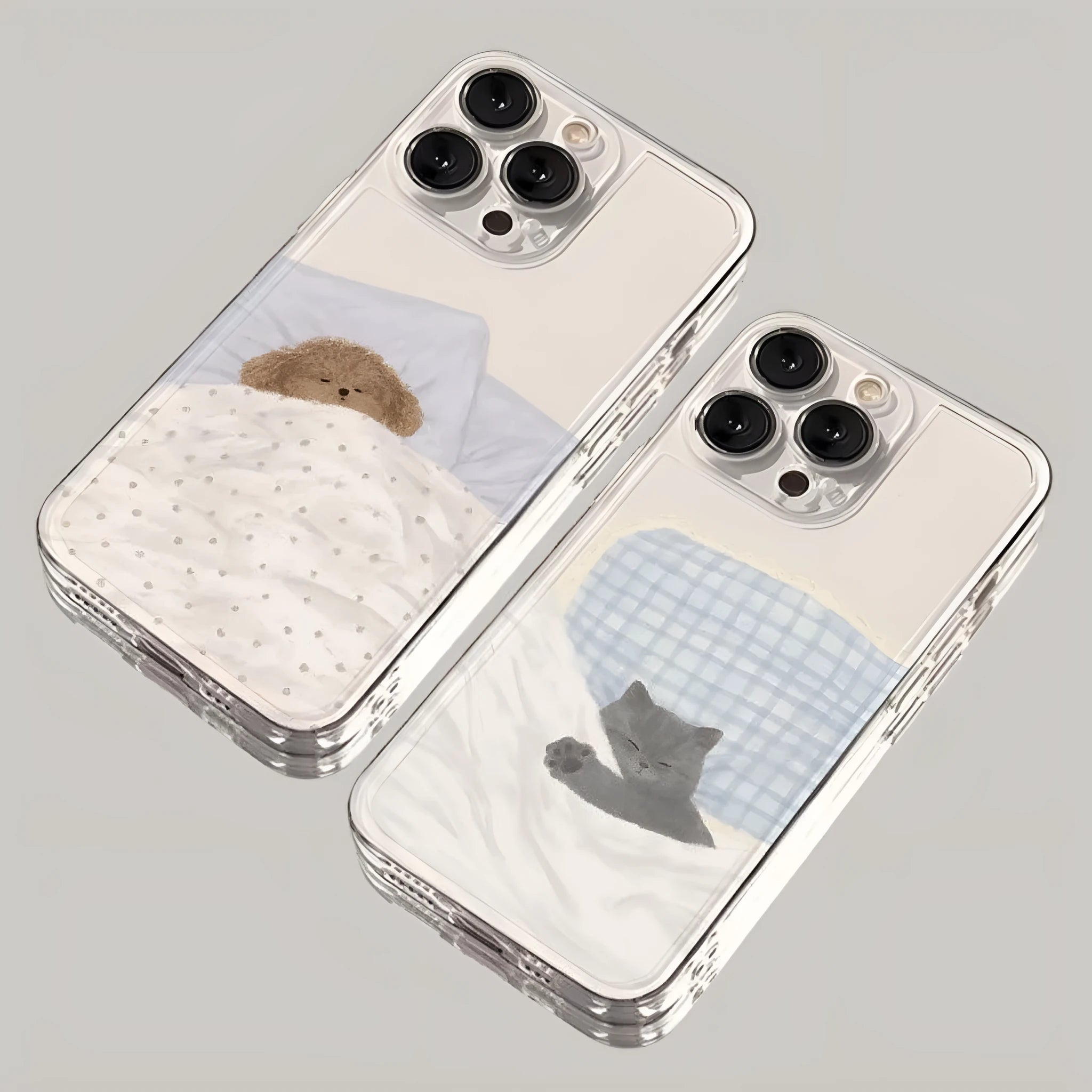 Transparent Apple iPhone case showing sleeping cat space shell pattern on TPU material