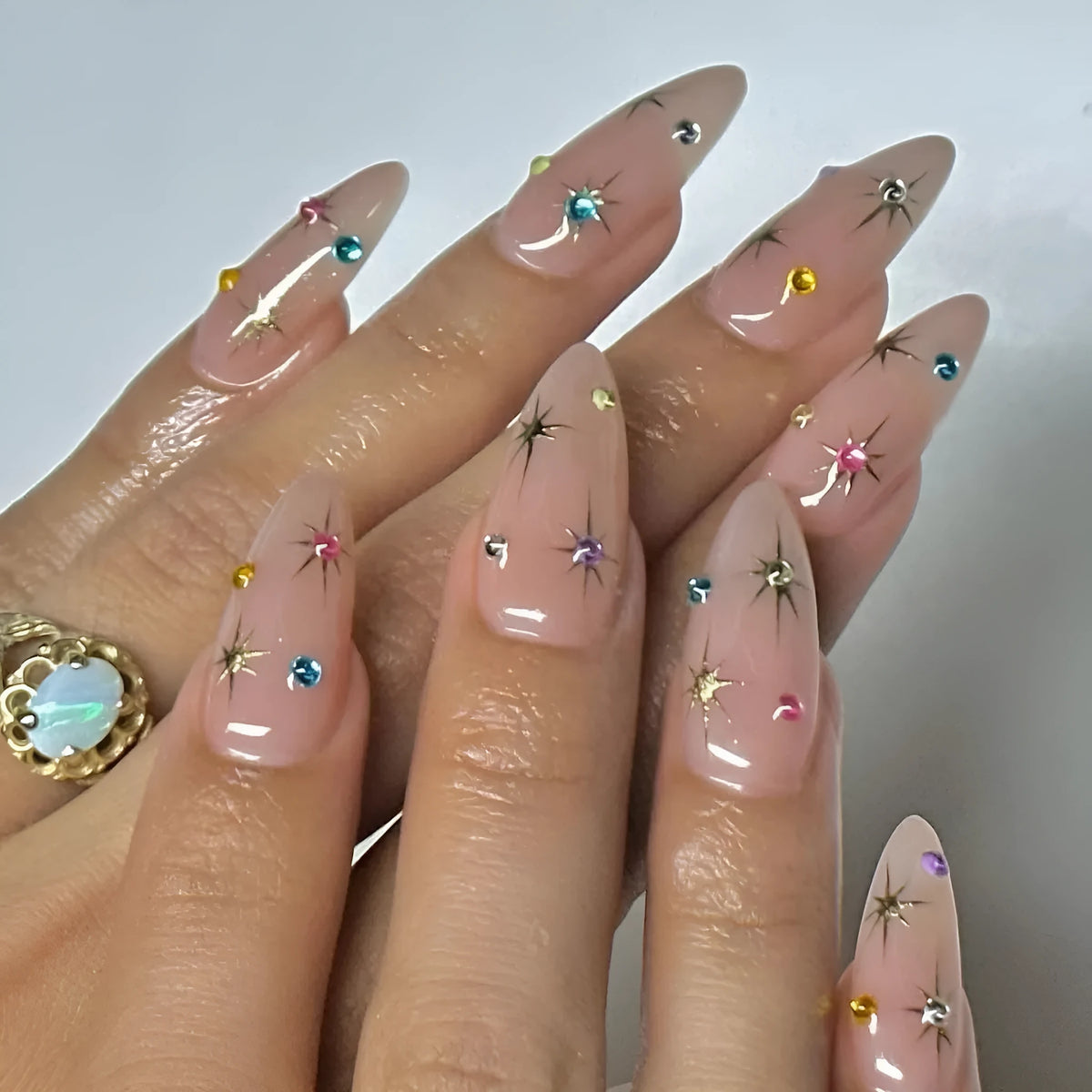 Drop shape starry sky press-on nails BW92 with jelly glue and nail file, 24 pieces