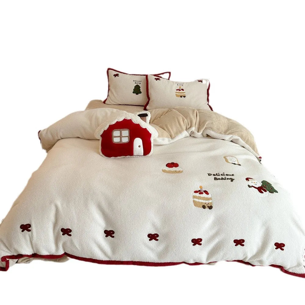 Cartoon winter bedding four-piece set with Xuefu Milk Pastry pattern in polyester material