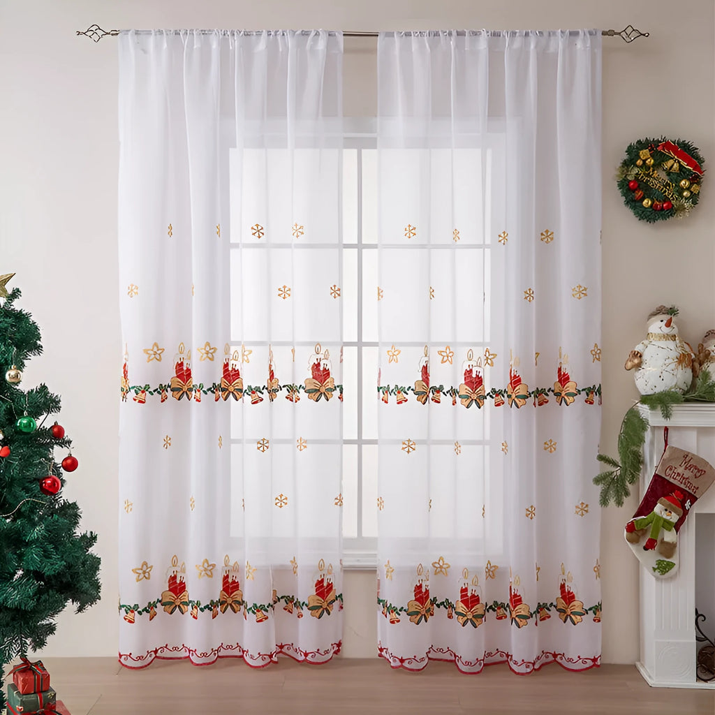 American Christmas curtains with embroidered snowflake design on semi-transparent polyester fabric