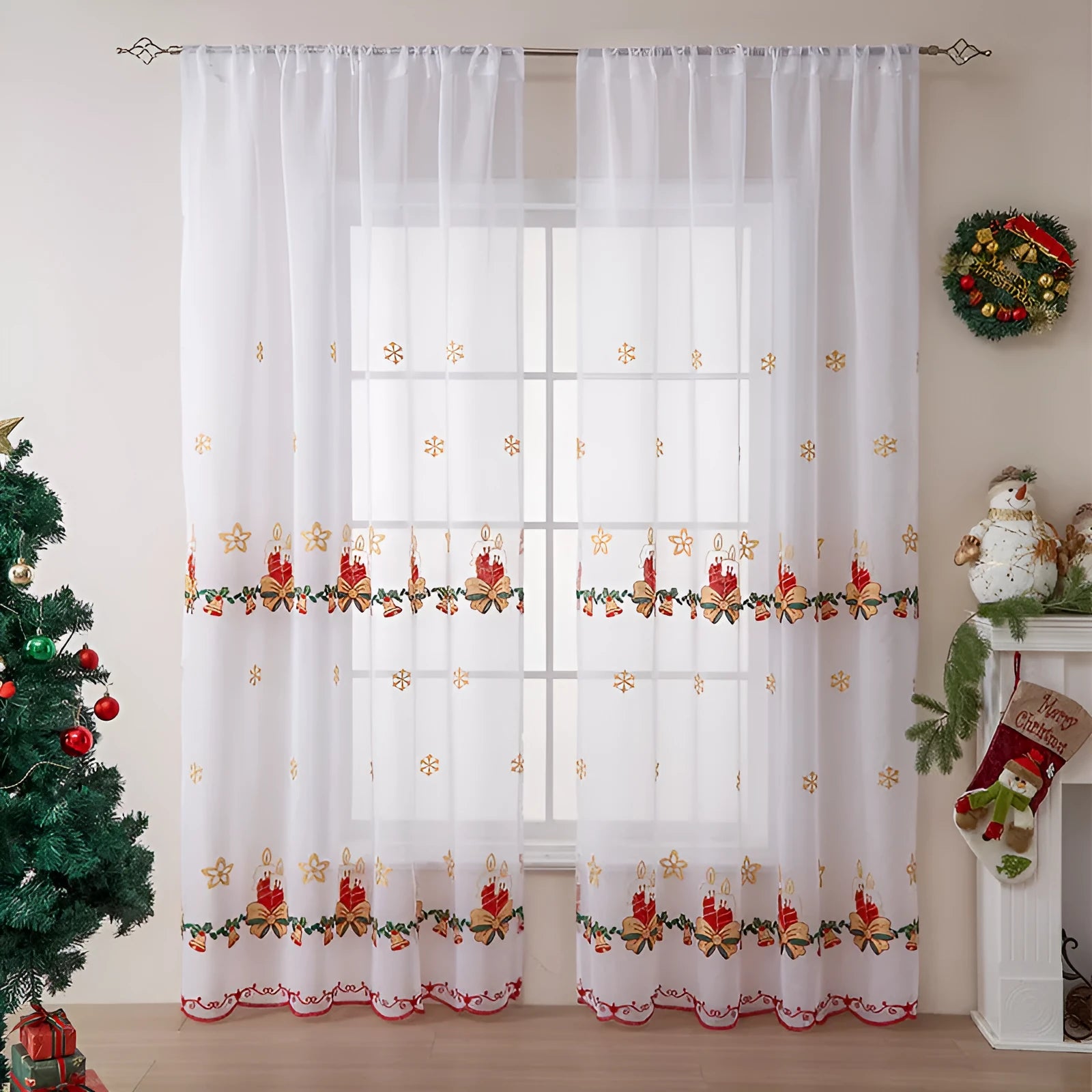 American Christmas curtains with embroidered snowflake design on semi-transparent polyester fabric