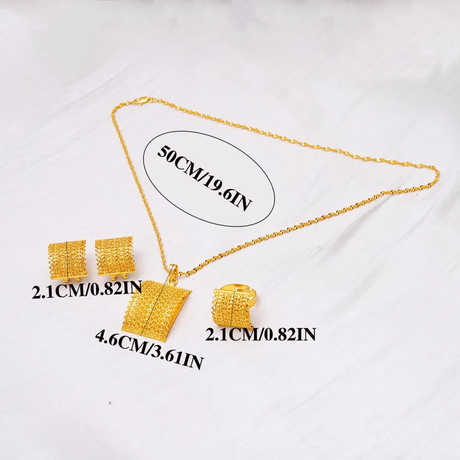 Gold-coloured copper bridal jewellery set with necklace, earrings, and ring in natural style