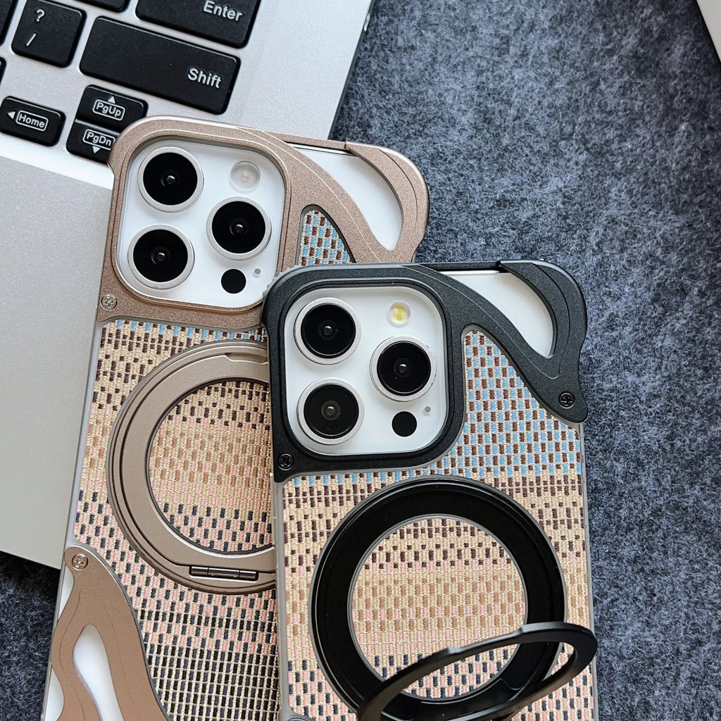 Frameless magnetic bracket phone case in metal and PC with electroplated finish for Apple iPhone 14 15 16 Pro and Pro Max