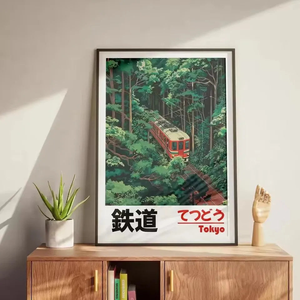 Retro Japanese landscape canvas print with railway scene, frameless Nordic wall art poster