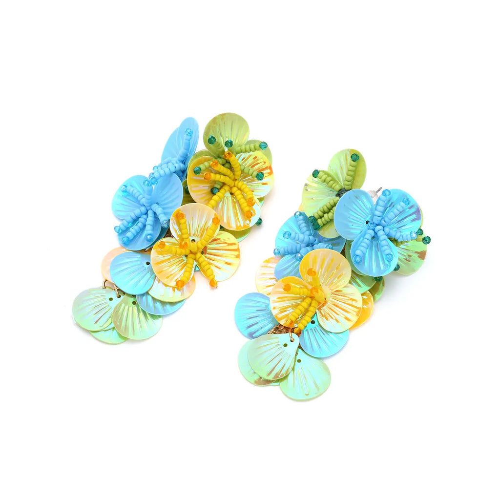 Handmade string bead flower earrings in colourful, rose, or purple with European-American exaggerated dopamine style