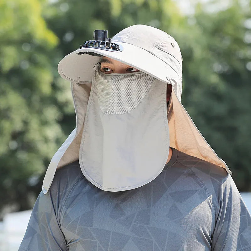 Khaki coloured sun hat with built-in USB fan and attached face covering shawl for neck protection.